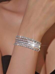 5pcs Sparkling Crystal Elastic Bangle Bracelets, Adjustable Party Style Jewelry Gift For Women - Silver - View 4