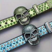[Subculture Punk Belt] Punk Style Rhinestone Skull Studded Denim Belt| 1pc Subculture Street Decoration - Đỏ - Xem 9