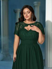 QOQ Elegant Temperament Plus Size Bridesmaid Dresses Women Formal Dress For Formal Events, Wedding Guest Pure Color Splicing Lace Short Sleeve Weddings Gown - Dark Green - View 7