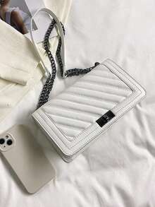 Herringbone Embroidered Twist Lock Small Square Shoulder Bag Crossbody Bag Chain Strap Women Handbag - White - View 9