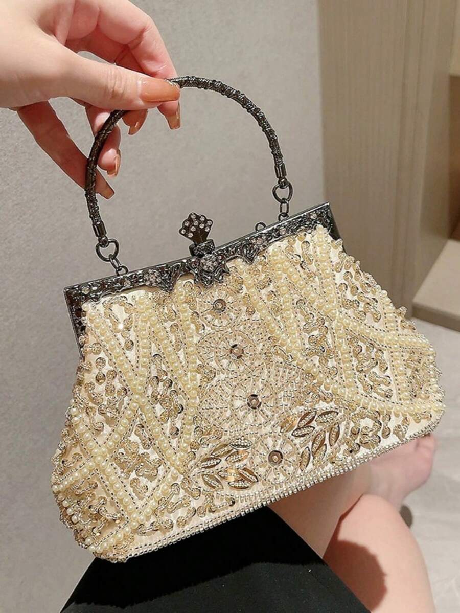 1件装奢华银色手工珍珠刺绣晚宴手拿包、派对包、婚礼礼品袋、女士手提包 - 銀色 - 查看 1