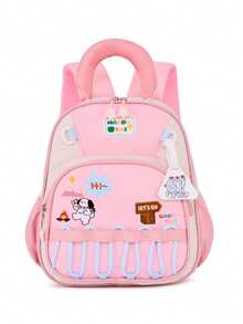 1pc Cartoon Patch + Nylon Backpack With Zipper Closure, Cute Style, Suitable For Kids Outings And School, All Seasons - Pink - View 8