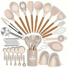 Bộ dụng cụ nhà bếp bằng silicon với tay cầm bằng gỗ tự nhiên, thích hợp cho nồi chảo chống dính, dụng cụ nấu ăn chịu nhiệt. - Nhiều màu - Xem 9