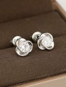 2pcs Women's Elegant Clover Zirconia Stud Earrings, Copper Inlaid Earrings, Suitable For Daily Wear - Earrings - View 9