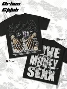 Y2K,The Words 'Money Maker' Printed,Cash & Call Graphic Tee,Fashionable Cotton Men's T-Shirt, , Surprise Gift For Friends And Family, Christmas Drop Shoulder Sleeves Round Neck - 黑色 - 查看 1