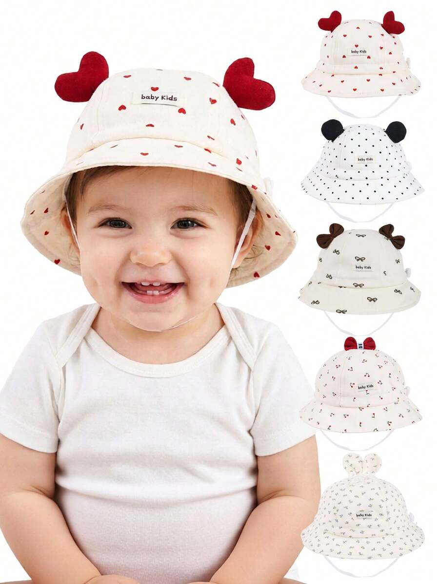 1pc Baby Sun Hat, Spring/Summer Styles With Bow/Heart/Cherry/Floral/Polka Dot Patterns, Unisex Infant Sun Protection Hat For Outdoor Activities, Adjustable Head Circumference - Multicolor - View 1