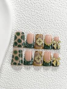 10pcs Vintage Delicate Handmade Nail Art Set, French Fake Nails, Gold Cross Pattern, Bow Decor, Hand-Painted Water Drop Design, Deep Green & Gold Gel Manicure, 3 Sizes Available: Almond, Duck Mouth, Coffin Shape, Comes With Tool Kit, Suitable For Women & Girls, Parties, Important Occasions, Festivals, Daily Wear Nail Supplies Handmade Press On Nails - 彩色 - 查看 14