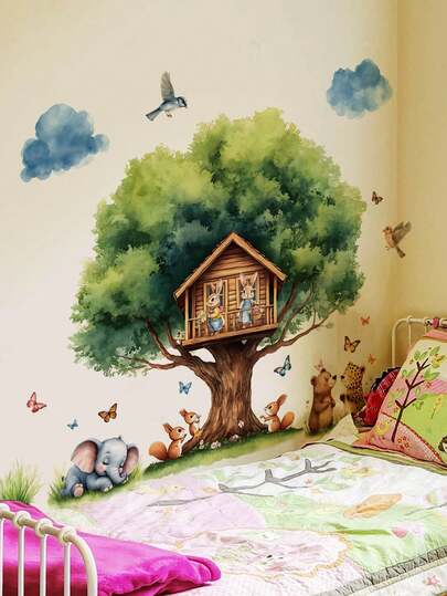 1pc/3pcs Children's Room Decorative Wall Stickers, Cloud Balloon Animals, Dinosaur Map, Peeping Animals, Animal House On Big Tree, PVC Self-Adhesive Removable Wall Decals, Suitable For Bedroom, Living Room, Study, Dining Room, Bathroom, Home Wall Decor, Room Decoration