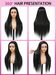 ZHUICHAO Elegant Long Natural Black Straight Human Blended Hair Wig With Pre-Plucked Bady Hair 13x4 Large Area Transparent Lace Frontal Weaves Wigs Pre-Bleached Knots Heat Resistant Synthetic Fiber For Cosplay & Casual Attire Makeup Use - 1B# - View 4