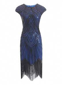 Gaun Midi Pesta Malam Formal Bermotif Geometris Berpayet Gaya Vintage Gatsby - MultiWarna - View 42