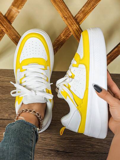 Women's Casual Sneakers, Color-Block Design, Lightweight, Suitable For All Seasons, PU Leather Upper, EVA Sole, No Prints, Fabric Lining, EVA Insole, Stylish Skate Shoes