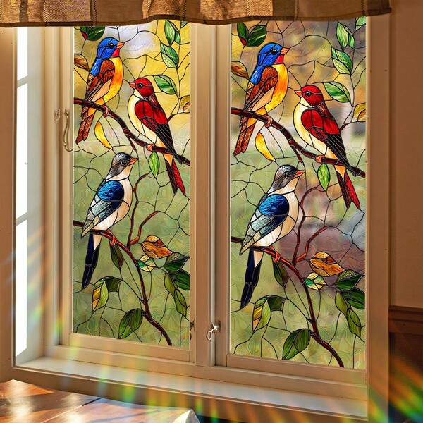 5 piezas de película estática para ventanas con diseño de pájaros, vid y hojas de ginkgo en patrón floral vibrante, sin pegamento, bloqueador solar anti UV, creador de arcoíris de luz para la sala de estar, baño, puerta y renovación del hogar en apartamento primaveral