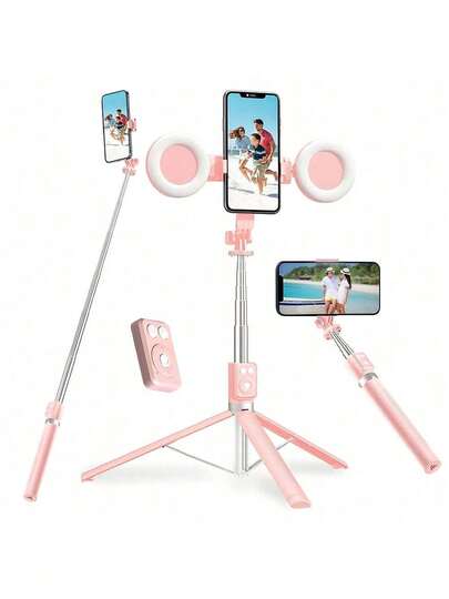 Selfie Stick Tripod With Dual Fill Lights, Adjustable Dimming Knob, For Makeup, Live Streaming, YT Videos, TK, Photography, Compatible With Cameras & Smartphones Telescopic Phone Selfie Stand