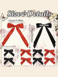 10pcs Ribbon Long Tail Double-Layer Bow Hair Clips, Mini Bow Hair Pins, Hair Ties For Girls, Valentine's Day Party, Black & Red - Multicolor - View 7