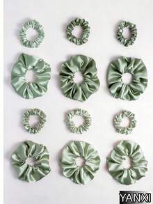 12/24pcs Sage Green Satin Scrunchies, 10cm/6.5cm - Sage Green - View 9