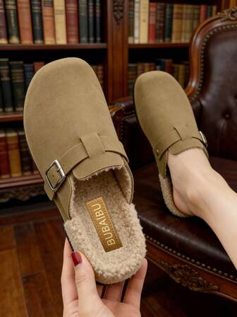 Damplattor, nya Birkenstocks-loafers med fuzzy-foder, träskor med justerbart spänne, söta och snygga för höst/vinter, lätta och bekväma, lämpliga för utomhusbruk, semester, promenader, plattor, mulor, kakifärgade damskor, Thanksgiving/Halloween-present