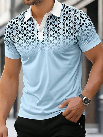 Men's Casual Gradient Print Short Sleeve Polo Shirt, Summer