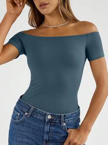 Summer Off The Shoulder Tops For Women Going Out Short Sleeve Shirts Cute Y2K Sexy Basic Clothes 2026 Fashion - Màu xanh bụi bặm - Xem 2