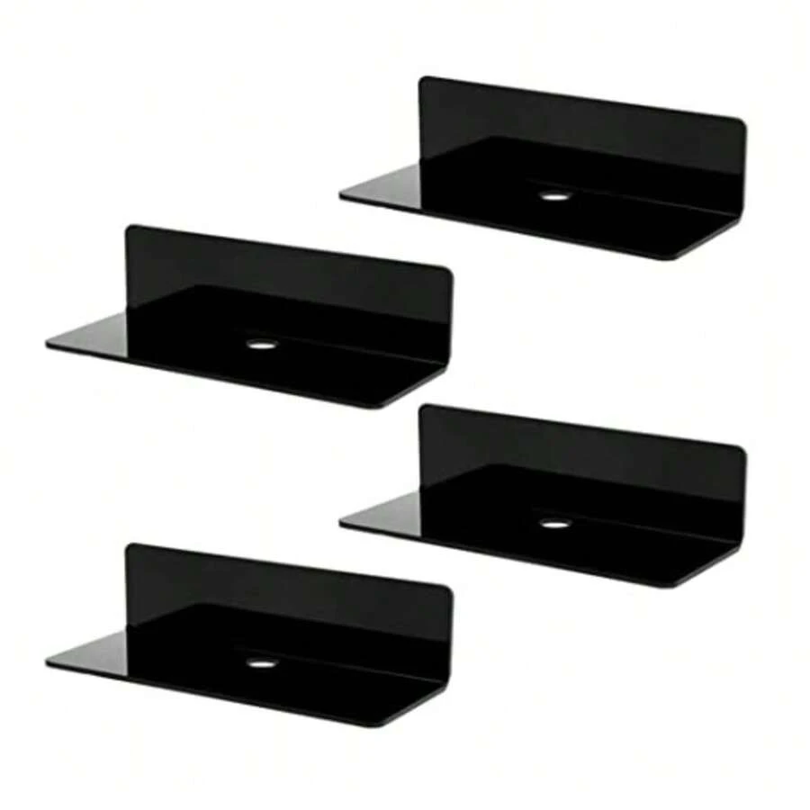 4pcs Small Acrylic Floating Wall Shees9 Inch Adhesive Display Shelf For  Switch/Smart Speaker/Security Cameras/Action Figures No Damage Expand Wall Space Black. 4pcs Black - Black - View 1