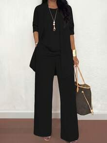 3 قطع طقم ملابس كاجوال للمرأة البدينة: جاكيت/كارديجان + ملابس علوية بياقة مستديرة بدون أكمام + بنطلون ذو خصر مطاطي وساق مستقيمة، قماش ناعم مطاطي، فضفاض، مريح للتنقل، مناسب للربيع/الخريف/الشتاء - الأسود - مشاهدة 1