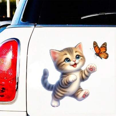 3D Cat Chasing Butterfly Car, Motorcycle, Luggage, Bedroom Door Home Decor Sticker, Self-Adhesive Wall Decal