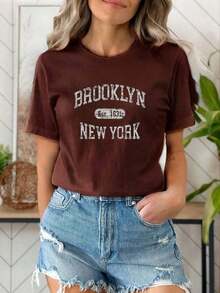 Women's Basic NY T-Shirt Premium Cotton Knit - 鏽棕色 - 查看 1