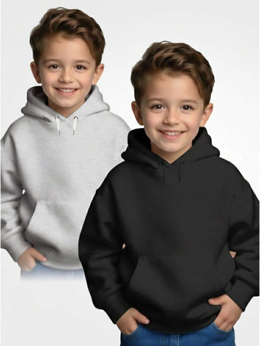 Set Of 2 Plain Boys' Kangaroo Hoodie Sweatshirts - Đen/Xám - Xem 1