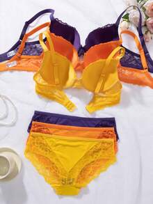 Set de 6 piezas de sujetador con aros de encaje y ropa interior para mujer, conjunto de lencería colorida (3 sujetadores, 3 bragas) para primavera/verano, exterior, playa - Multicolor - Ver 3
