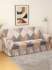 1pc Geometric Pattern Sofa Cover With Skirt Elasticity, Fully Wrapped Polyester Fiber Sofa Cover, Knitted Milk Silk, Suitable For All Seasons - Apricot - View 8