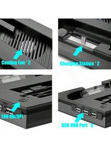 P/S/4 垂直散热支架，带双控制器充电底座和 3 端口 USB 集线器 - USB 供电，兼容 P/S/4 Slim/Pro，一体式散热充电站 - 黑色 - 查看 5