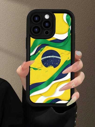 Fashionable, Personalized Brazil Flag Wave Pattern, Combining National Flag Elements And Text Graphics Design Theme, Luxury Shock-Proof, Aesthetically And Cute, Soft Touch, Extreme Grip, Waterproof , Anti-Fouling, With Camera Protection Frame, Compatible With IPhone