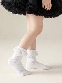 4 Pairs Cotton Baby Girls Lace Trim Colorful Striped Princess Mid-Calf Socks, Spring/Summer/Autumn - Multicolor - View 5