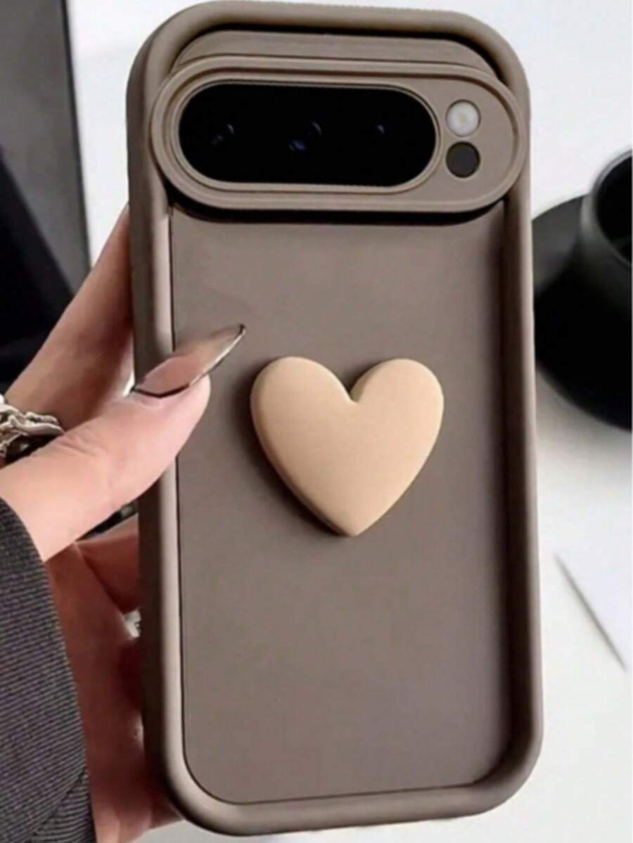 Korean Cute 3D Heart Soft Case, Compatible With Pixel 10/9/8 Pro/8A/9 Pro XL, Silicone Phone Case Anti-Fall Anti-Shock, Waterproof Scratch-Resistant - Brown - View 1