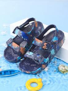 儿童沙滩拖鞋，夏季套脚凉鞋，女童露趾凉鞋，透气水鞋，印花，魔术贴，户外鞋 - 藏蓝色 - 查看 8
