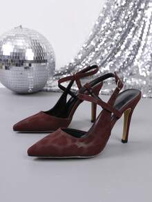 Pointed Toe High Heel Pumps, Fashion Versatile Slim Stiletto Heel Slip-On Commuting Sexy Backless Shoes - Burgundy - View 12