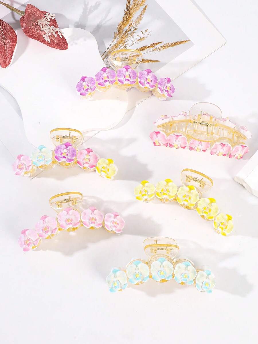 1pc Bohemian Style Faux Orchid Flower Transparent Hair Claw Clip, Suitable For Daily, Vacation, Beach Women Hair Accessories Fashion Hair Clips - Multicolor - View 1