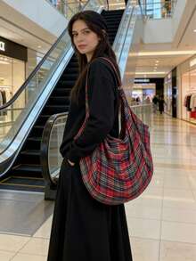 大容量格纹单肩包，女士斜挎包，休闲百搭手提包，玫红色，轻巧可折叠，面料柔软，拉链设计，适合工作、学习、旅行 - 玫瑰紅 - 查看 4