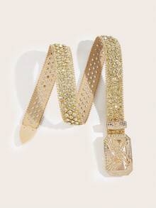 1pc Western Style Men's Gold Rhinestone Studded Metal Belt, Suitable For Parties, Gatherings, Birthday Gifts, Graduations, Carnivals, Casual Wear With Jeans - Gold - View 7