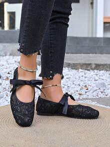 Giày búp bê đế bằng cỡ lớn dành cho nữ, kiểu dáng thời trang, thoải mái, có nơ trang trí, màu trơn, thoáng khí, chất liệu lưới phối hợp, thích hợp cho tiệc tùng, họp mặt, lễ Phục sinh, Ngày Quốc tế Phụ nữ. - màu đen - Xem 5