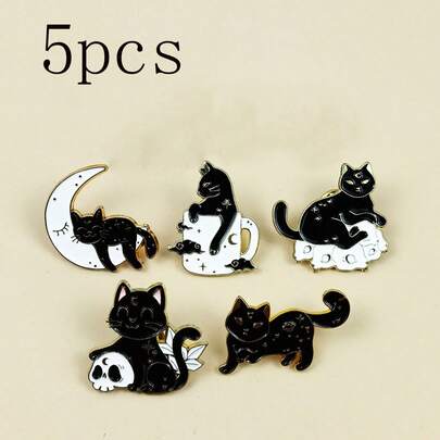 5pcs Vintage Dark Style Moon & Cat Brooch, Cute Cartoon Backpack Clothes Accessories Metal Decor Badge