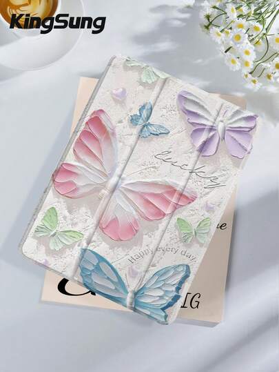 精美油画蝴蝶图案平板电脑保护套，兼容 iPad 9.7/10.2/10.5/10.9/12.9/Pro 11（第十代），兼容三星 Galaxy Tab S6 Lite 10.4 英寸，兼容 Kindle Paperwhite（第十二代，2024 年款），Kindle（第十一代，2022 年款），Kobo Clara Color，柔软防摔，智能支架/自动唤醒/睡眠功能