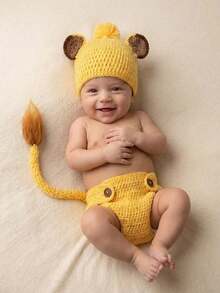 Newborn Baby Lion Photography Props Outfit, Handmade Crochet Knit Dog Puppy Bee Fox Animal Costume Set, Infant Boy Girl Photo Shoot Hat & Diaper Cover Suit - Multicolor - View 4
