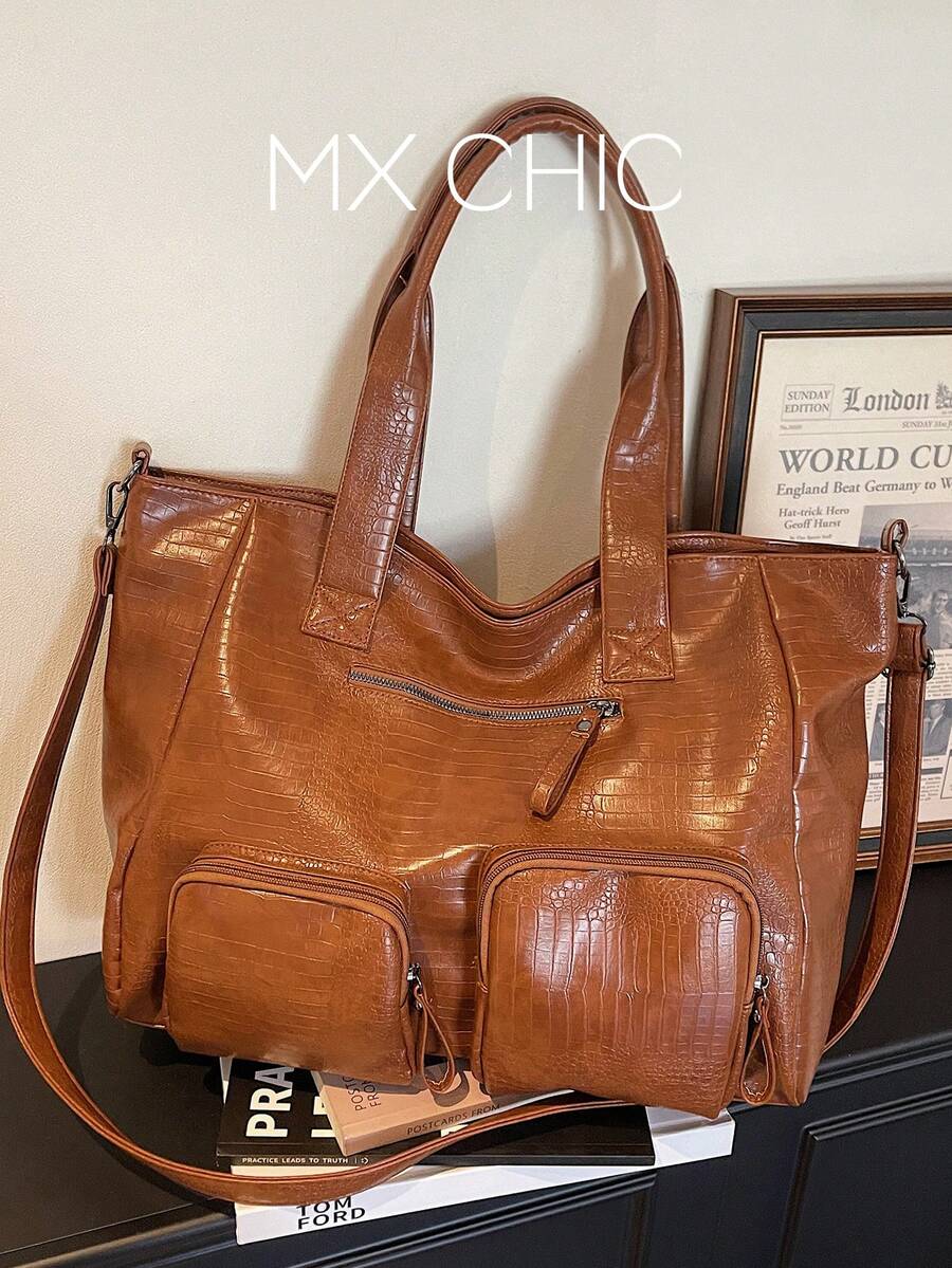 1pc Vintage Large Capacity Handbag, Vintage PU Shoulder Messenger Bag, Women Casual Tote Bag And Wallet - Brown - View 1