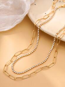 2pcs Fashionable Minimalist Paperclip & Rhinestone Multilayer Chain Necklace (Random Quantity Of Chain Rings) - Yellow Gold - View 4