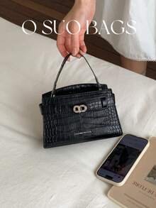 Fashionable Retro Patchwork PU Leather Handbag, Adjustable Shoulder Strap, Decorative Hardware, Magnetic Closure, Multifunctional Commuter Bag For Women - Black - View 3