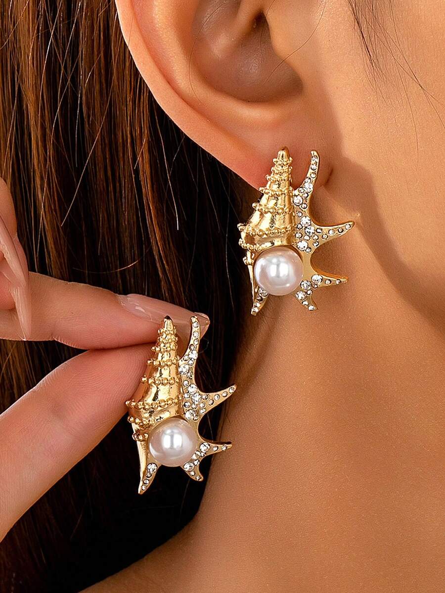 1对贝壳耳环，夏季海滩风海螺耳环，波西米亚风仿珍珠首饰，女士款 - 彩色 - 查看 1