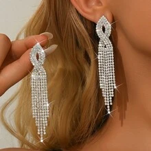 1 Pair Exaggerated Rhinestone Diamond Shaped Long Dangle Earrings, Fashionable & Luxurious Earrings For Women - Sparkling Diamond Earrings - View 5