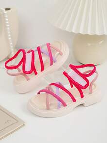 1 Pair Toddler/Kids Colorful Striped Transparent PU Decor Criss-Cross Design Flat Sandals, Roman Style Magic Tape Casual Children Shoes, Non-Slip Rubber Thick Sole, Suitable For Princess Dress, Daily, School, Party, Beach, Spring/Summer 2026 - Pink - View 7