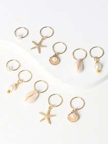 10件套海星、贝壳和珍珠装饰套装，波西米亚风可爱发夹、发链、星星月亮组合，夏季海滩假日开斋节礼物，派对发饰 - 金色 - 查看 3
