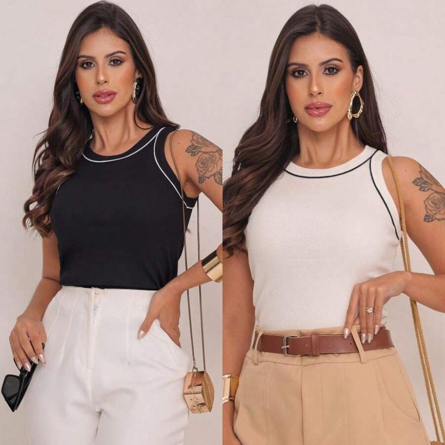 Set Of 2 Women's Ribbed Tank Tops, Non-Transparent, Premium Fabric, Suitable For Multiple Occasions: Work, School, Dinner, Birthday - Negro y desnudo - Ver 1